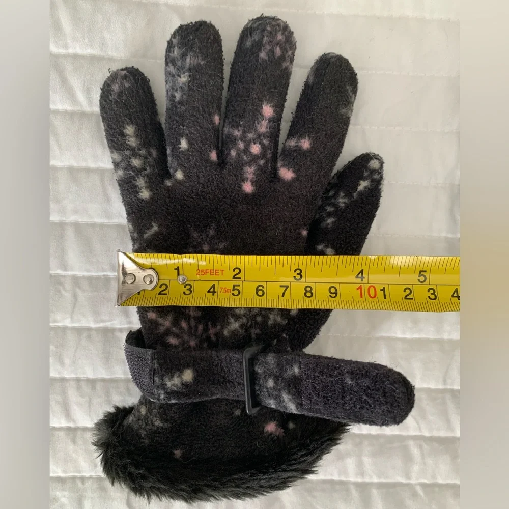 Faded Glory Fleece Faux Fur Gloves Girls L Black Pink White Adjustable Snowflake